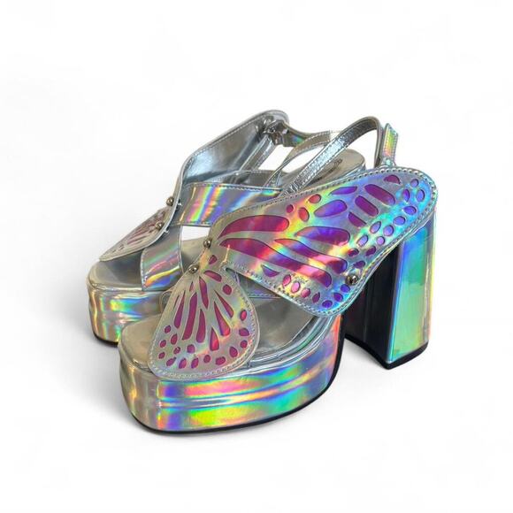 CHUNKY SILVER IRRIDESCENT BUTTERFLY SANDALS FESTIVAL HEELS SIZE 5. - Picture 3 of 8